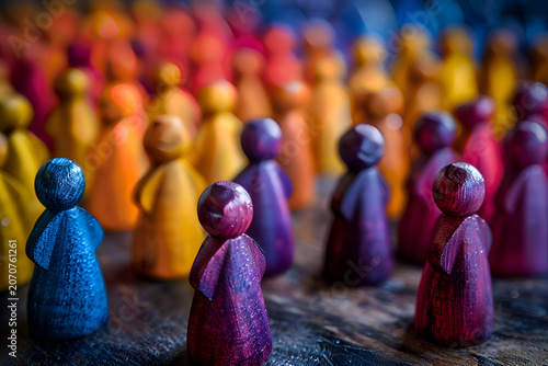 Colorful wooden figures displayed in varied hues at market