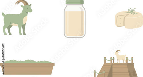 Fotografie Goat Farming and Dairy Production Icon Set with Standing Goat Milk Jar Cheese Wh