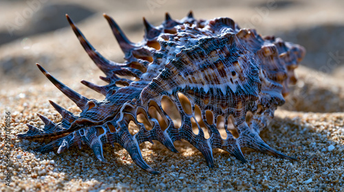 Intact Murex pecten shell resting on compressed fine silica sand, spiral architecture casting hard shadow across ribbed outer surface, macro conchology study, coastal natural specimen in pristine mi
