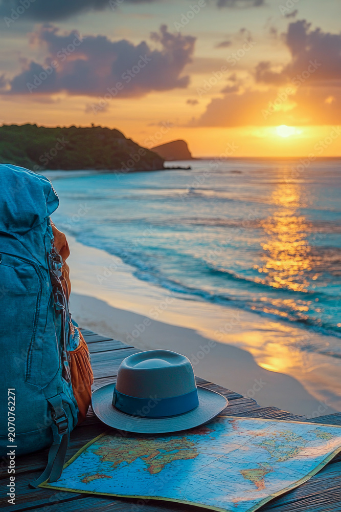 Fototapeta premium A backpack, hat, and map sit on a wooden deck overlooking the ocean, perfect for planning a beach trip or outdoor adventure