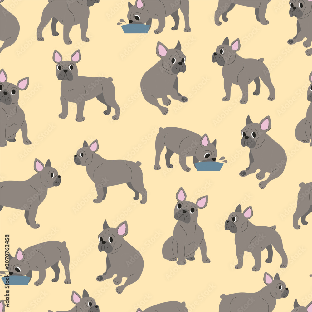 Fototapeta premium Seamless pattern of cute French bulldogs in various poses on a beige background. Ideal for pet-themed textiles, wallpapers, or decorative projects.