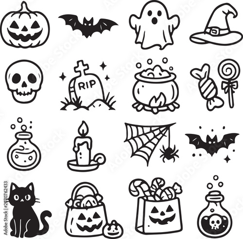 Set of cute hand drawn black and white halloween doodle icons and symbols