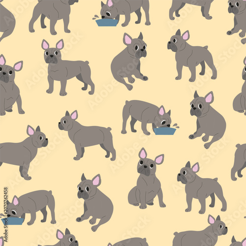 Seamless pattern of cute French bulldogs in various poses on a beige background. Ideal for pet-themed textiles, wallpapers, or decorative projects.