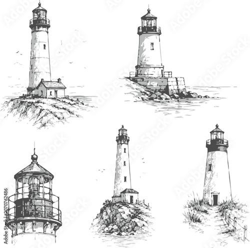 Lighthouse sketches set vintage nautical beacon tower illustration