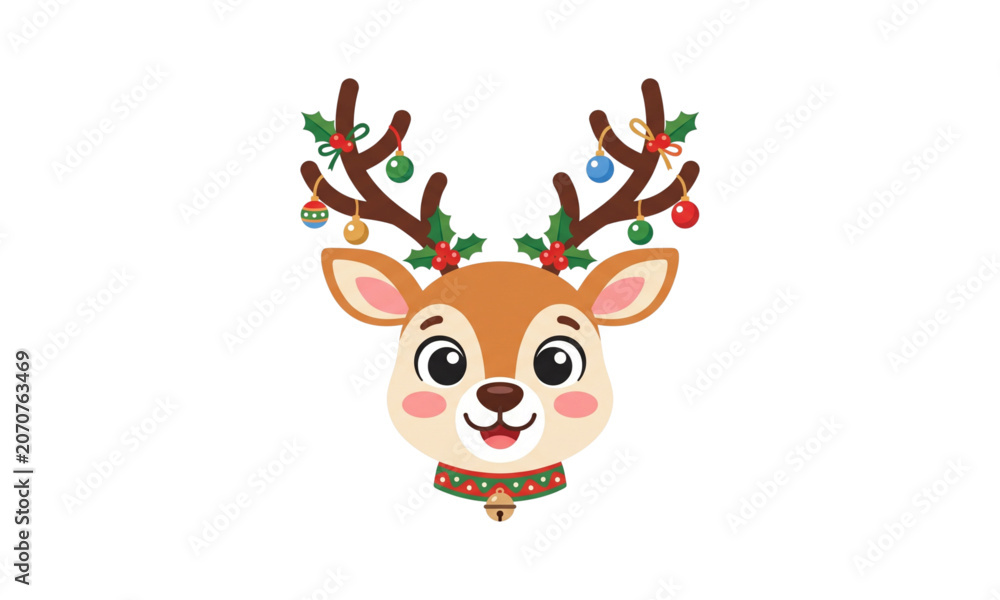 Fototapeta premium Cute Christmas Deer Face Cartoon Vector Illustration Isolated on White Background