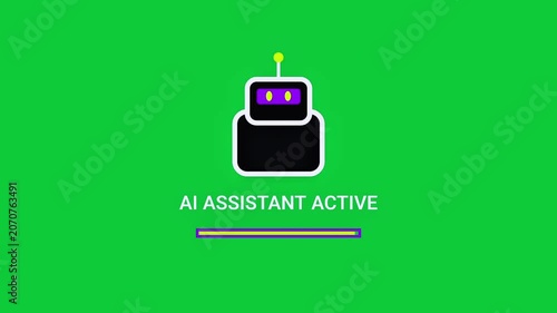 Digital animation of AI assistant icons with active status on a green screen.