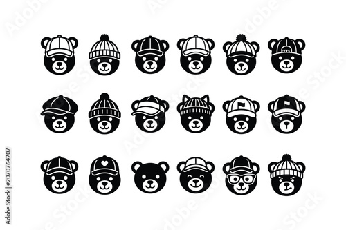 Black and white vector illustration of collection of black bear heads wearing various hats and caps on
