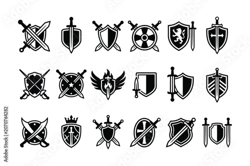 Black and white vector illustration of collection of black shield and sword icons on for gaming or heraldry use