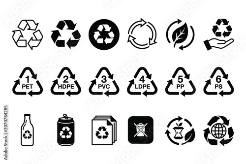 Black and white vector illustration of a set of black and white recycling symbols and logos on a for ecofriendly and environmental concepts