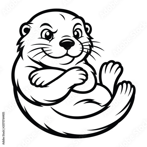 Black and white vector illustration of a cute cartoon otter with a happy face and a playful pose