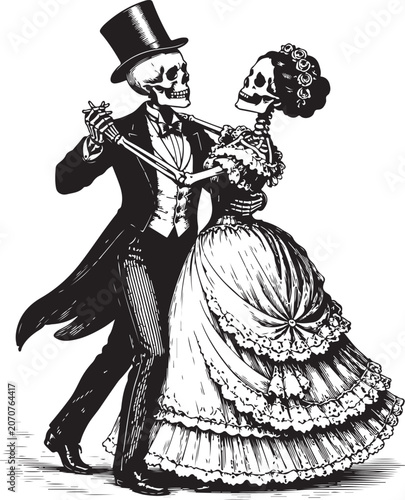 Vintage style illustration of a skeleton couple dancing in formal wedding wear