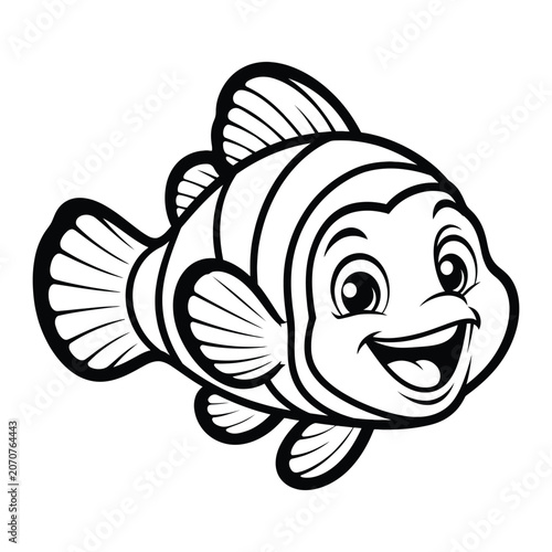 Black and white vector illustration of a cheerful cartoon fish with a big smile on its face