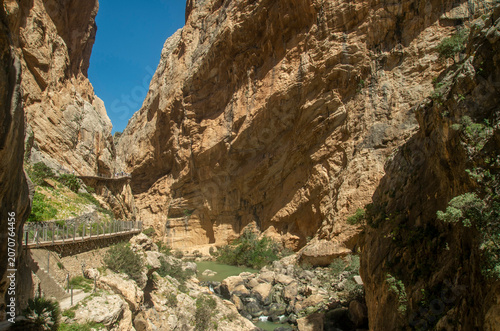 Caminito del Rey canyon walkway view, steep cliffs and Guadalhorce river in Malaga, Andalusia, Spain
