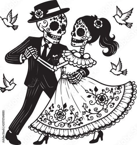 Happy skeleton couple dancing together for day of the dead celebration art