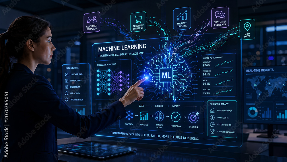 Fototapeta premium Business professional analyzes machine learning data on futuristic digital screen