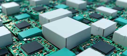 Circuit boards and plain packaging arranged in organized e - commerce fulfillment workflow