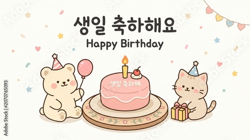Cute minimalist Korean style birthday greeting card illustration with bento cake and cartoon animals