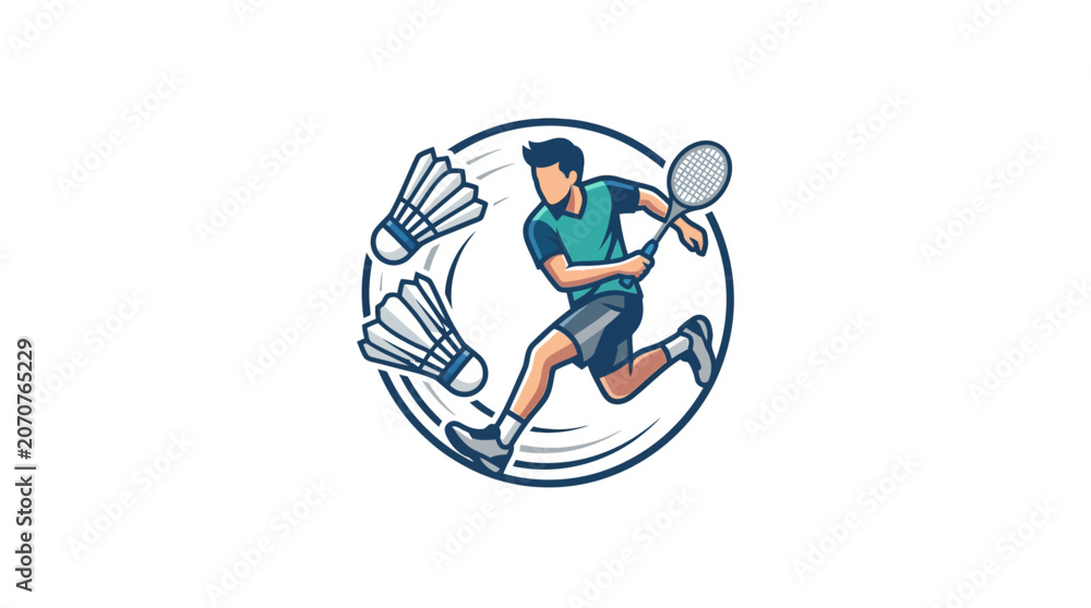 Obraz premium Badminton player hitting shuttlecock inside circular frame illustration.