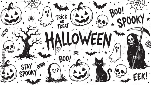 Hand drawn halloween doodle set with pumpkins ghosts skulls and spooky elements