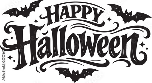 Happy halloween lettering design with black flying bats for festive holiday card