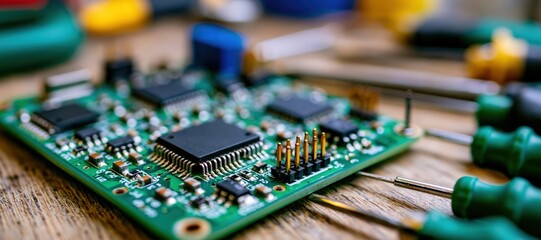 Blank circuit board on workbench with repair tools and empty copy space