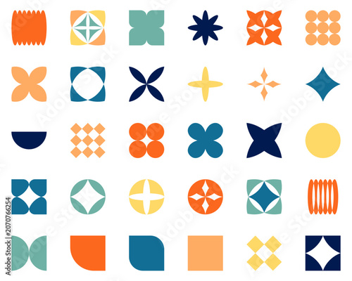 Abstract geometric shapes and icons. Retro elements, vintage, star and flower shape, basic form, trendy. Collection trendy vector geometric shapes.
