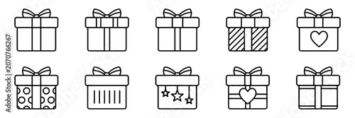 Set of ten gift box icons, outlined vector holiday presents