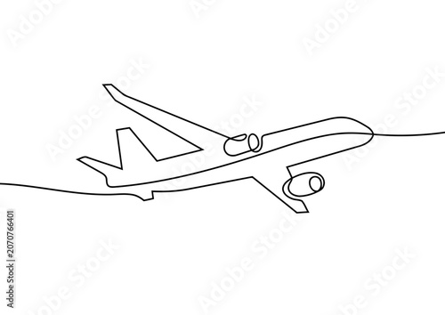 Continuous line drawing of a jet airplane, minimalist flight icon