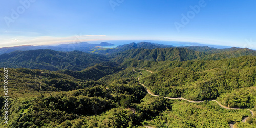 Aerial view of green mountains and coastline, Coromandel Peninsula, New Zealand