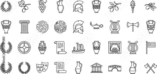 Foto Ancient Greece history and mythology line icons set with Spartan helmet amphora