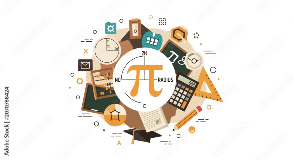 Fototapeta premium Mathematics and Science Education Concept Illustration with Pi Symbol, Calculator, Abacus, and Geometry Tools in Flat Design Style