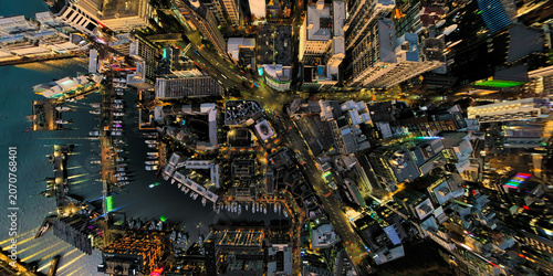 Aerial view of the bustling city harbour at night, Auckland, New Zealand