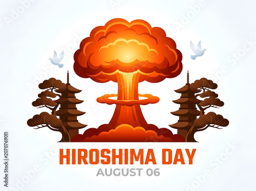 Mushroom Cloud Explosion Over Silhouetted Trees with Commemorative Text in Bold Typography