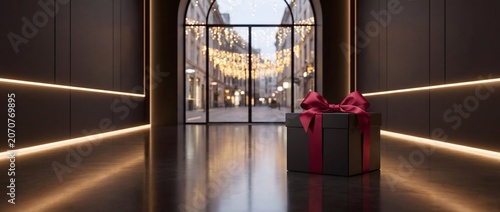Gift Box in Modern Hallway with Festive Street View: Elegant Present for Holiday Season or Special Occasion