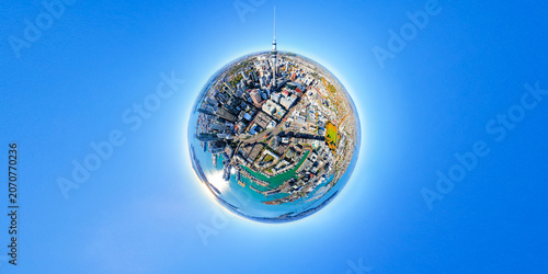 Spherical panoramic aerial view of downtown Auckland, New Zealand