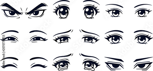 Anime eye expression vector set with hand drawn manga eyes, emotional gaze styles and decorative cartoon facial elements for character design
