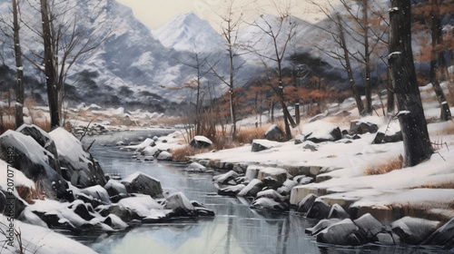 Winter Forest Valley in a Quiet Snowy Landscape
