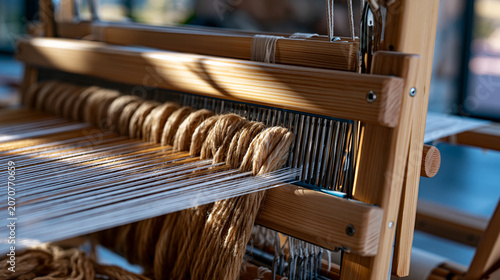 Rigid heddle loom warp threads under measured tension across wooden frame, alternating raised and lowered shed creating weaving path for shuttle, natural undyed warp fiber showing twist structure, d