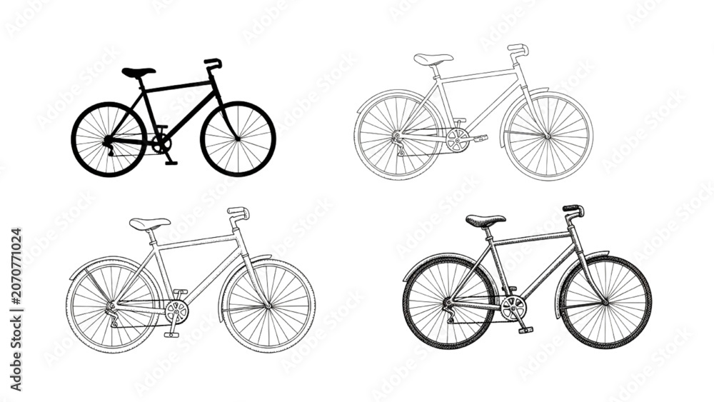Obraz premium Four 2D AutoCAD Vector bicycles in different line styles