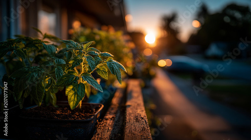 Young green tomato plant seedling growing in a wooden planter box during golden sunset