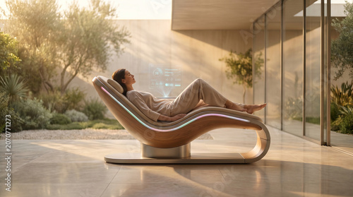 Young woman relaxing on a futuristic ergonomic smart lounge chair in a luxury modern patio