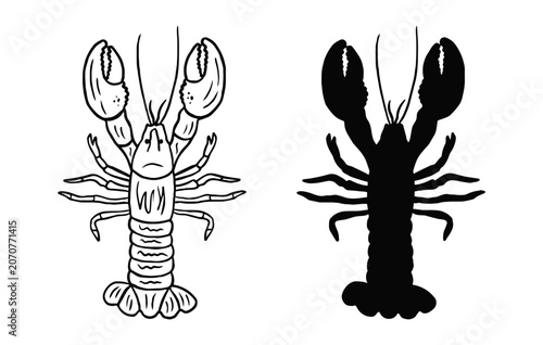 Clip art lobster silhouette and doodle. Vector hand drawn illustration. Suitable for design, menu, invitations, decor.