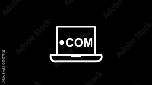 Animated laptop icon revealing .COM text on screen, website and internet domain concept on white background