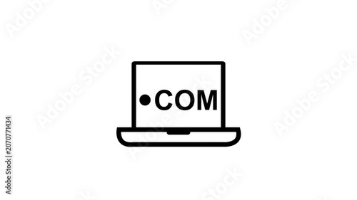Animated laptop icon revealing .COM text on screen, website and internet domain concept on white background