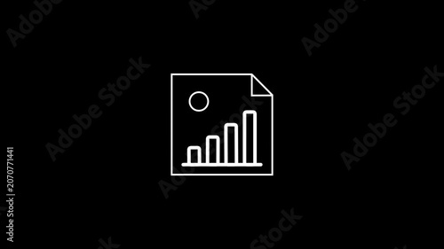 Animated document icon with business graph and clock symbol, data analytics concept on white background.