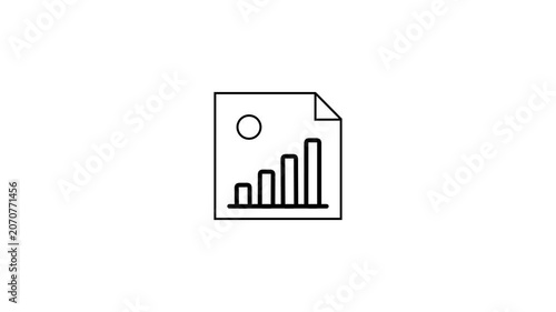 Animated document icon with business graph and clock symbol, data analytics concept on white background.