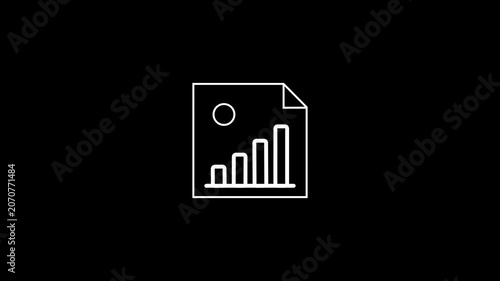 Animated document icon with business graph and clock symbol, data analytics concept on white background.