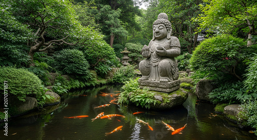 Serene Japanese Garden with Buddha Statue Koi Pond and Lush Greenery