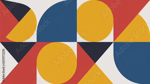 Abstract geometric pattern with circles and triangles in blue, yellow and red colors on a light background