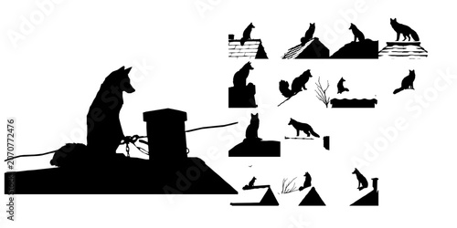 Fotografie Fox Sitting on a Snowy Rooftop Silhouette